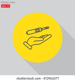 Web line icon. Pregnancy test in hand
