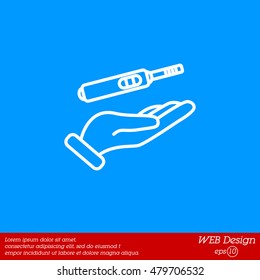 Web line icon. Pregnancy test in hand