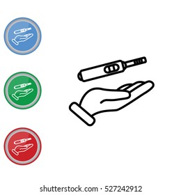 Web line icon. Pregnancy test in hand