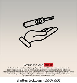 Web line icon. Pregnancy test in hand