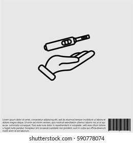 Web line icon. Pregnancy test in hand