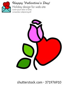Web line icon. Rose and heart. Valentine's Day.