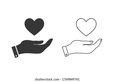Conjunto de iconos de línea Web. Corazón en mano. Ilustración del vector