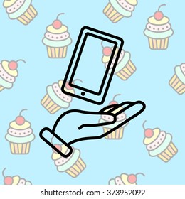 Web line icon. Smartphone in hand
