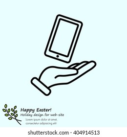 Web line icon. Smartphone in hand