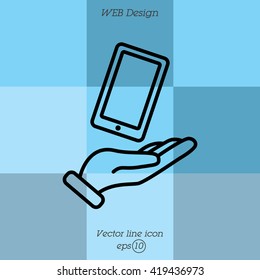 Web line icon. Smartphone in hand