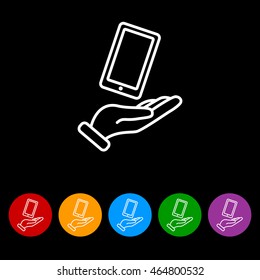 Web line icon. Smartphone in hand