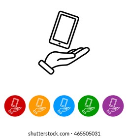 Web line icon. Smartphone in hand