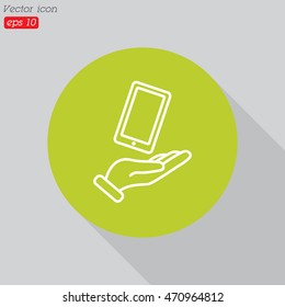 Web line icon. Smartphone in hand