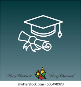 Web line icon. Student cap with diploma, education icon