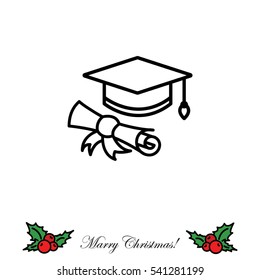 Web line icon. Student cap with diploma, education icon