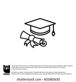 Web line icon. Student cap with diploma, education icon
