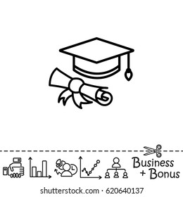 Web line icon. Student cap with diploma, education icon