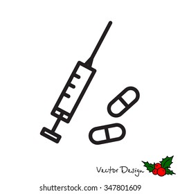 Web line icon. Syringe and tablets.