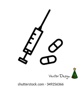 Web line icon. Syringe and tablets.