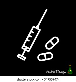 Web line icon. Syringe and tablets.
