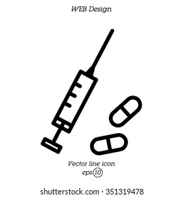 Web line icon. Syringe and tablets.