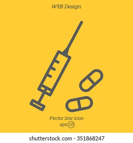 Web line icon. Syringe and tablets.