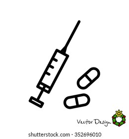Web line icon. Syringe and tablets.