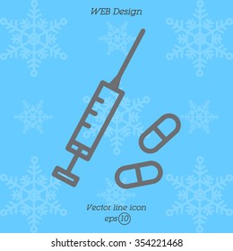 Web line icon. Syringe and tablets.