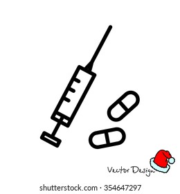 Web line icon. Syringe and tablets.