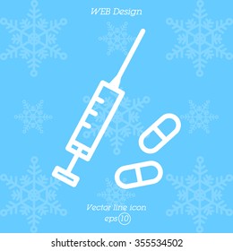 Web line icon. Syringe and tablets.