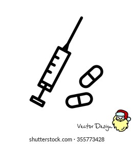 Web line icon. Syringe and tablets.