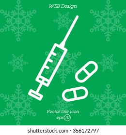 Web line icon. Syringe and tablets.