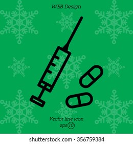 Web line icon. Syringe and tablets.