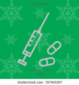 Web line icon. Syringe and tablets.