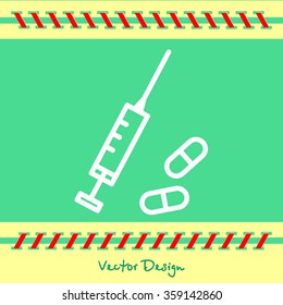 Web line icon. Syringe and tablets.