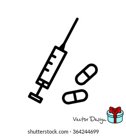 Web line icon. Syringe and tablets.
