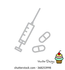 Web line icon. Syringe and tablets.