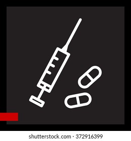 Web line icon. Syringe and tablets.