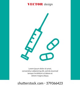Web line icon. Syringe and tablets.
