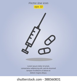 Web line icon. Syringe and tablets.