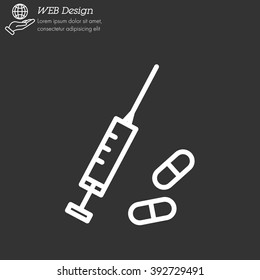 Web line icon. Syringe and tablets.