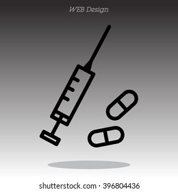 Web line icon. Syringe and tablets.