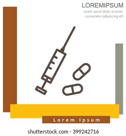 Web line icon. Syringe and tablets.