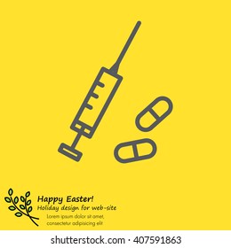 Web line icon. Syringe and tablets.
