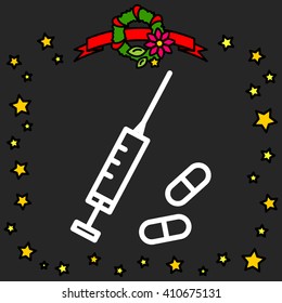 Web line icon. Syringe and tablets.
