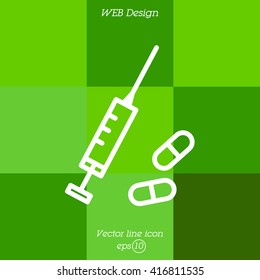 Web line icon. Syringe and tablets.