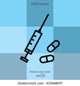 Web line icon. Syringe and tablets.