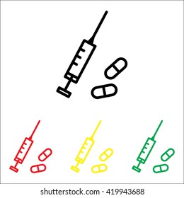 Web line icon. Syringe and tablets.