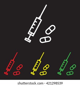 Web line icon. Syringe and tablets.