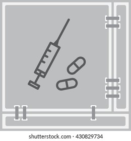 Web line icon. Syringe and tablets.