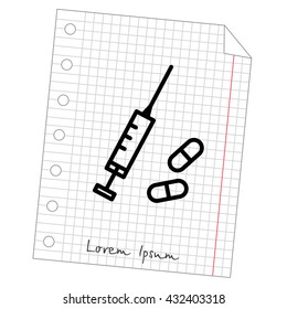 Web line icon. Syringe and tablets.
