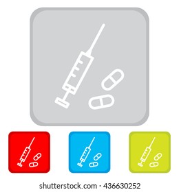 Web line icon. Syringe and tablets.