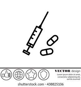 Web line icon. Syringe and tablets.