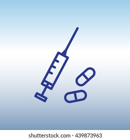 Web line icon. Syringe and tablets.